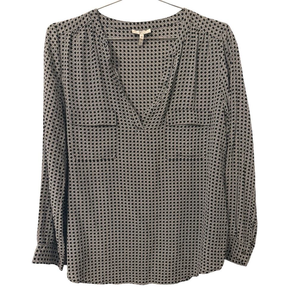 Joie Black and White Addie Geo Cane Print Silk Blouse  M